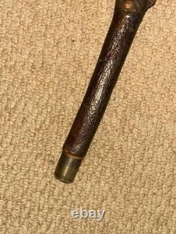 Antique Rustic Birch Walking Stick Cane Hand-Carved Glass Eyed Ram Sheep Head