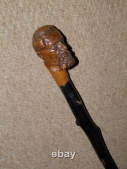 Antique Rustic Blackthorn Hand-Carved Mans Head Top Walking Stick/Cane 87cm