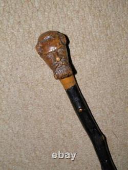 Antique Rustic Blackthorn Hand-Carved Mans Head Top Walking Stick/Cane 87cm