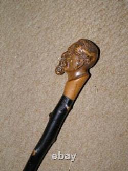 Antique Rustic Blackthorn Hand-Carved Mans Head Top Walking Stick/Cane 87cm