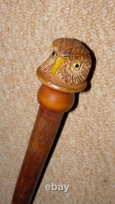 Antique Rustic Dog Leg Walking Stick Hand-Carved Glass Eyed Owl Head Top