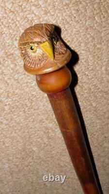 Antique Rustic Dog Leg Walking Stick Hand-Carved Glass Eyed Owl Head Top