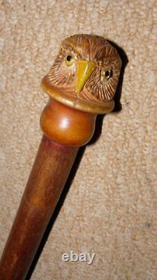 Antique Rustic Dog Leg Walking Stick Hand-Carved Glass Eyed Owl Head Top