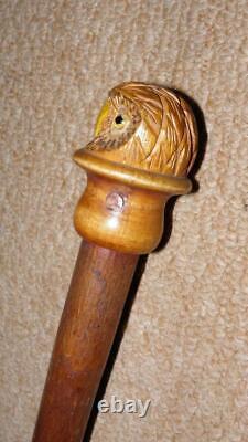 Antique Rustic Dog Leg Walking Stick Hand-Carved Glass Eyed Owl Head Top