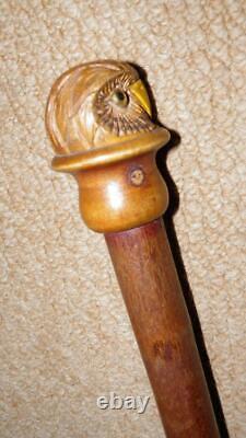 Antique Rustic Dog Leg Walking Stick Hand-Carved Glass Eyed Owl Head Top