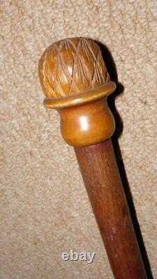 Antique Rustic Dog Leg Walking Stick Hand-Carved Glass Eyed Owl Head Top