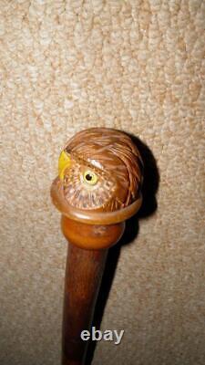 Antique Rustic Dog Leg Walking Stick Hand-Carved Glass Eyed Owl Head Top