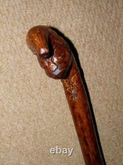 Antique Rustic Elm Walking Stick/Cane With Carved Folk Art'Punch' Top 87cm