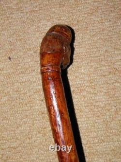 Antique Rustic Elm Walking Stick/Cane With Carved Folk Art'Punch' Top 87cm