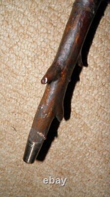 Antique Rustic Fruitwood Walking Stick Hand-Carved Faces Top & Shaft