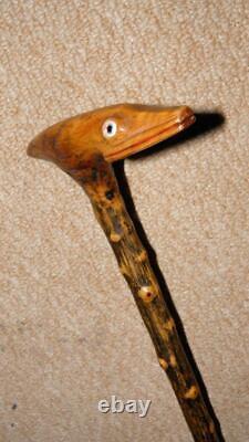 Antique Rustic Fruitwood Walking Stick Hand-Carved Lizard Head Glass Eyes