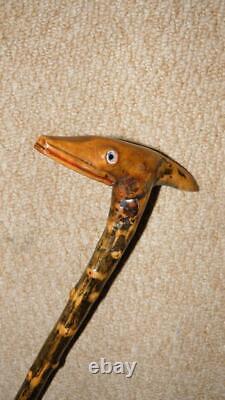 Antique Rustic Fruitwood Walking Stick Hand-Carved Lizard Head Glass Eyes