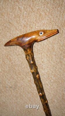 Antique Rustic Fruitwood Walking Stick Hand-Carved Lizard Head Glass Eyes