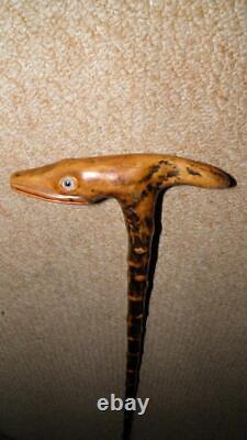 Antique Rustic Fruitwood Walking Stick Hand-Carved Lizard Head Glass Eyes