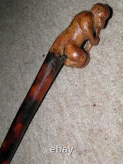 Antique Rustic Hand-Carved Wooden Sitting Ape Walking Stick/Cane