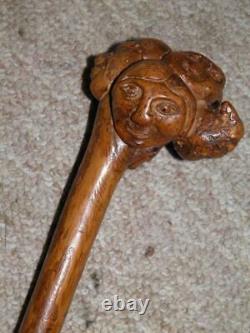 Antique Rustic Hazel Bark Walking Cane/Stick-Hand-Carved 6 Caricature Faces