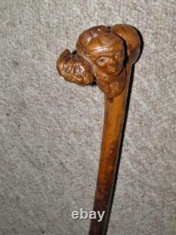 Antique Rustic Hazel Bark Walking Cane/Stick-Hand-Carved 6 Caricature Faces