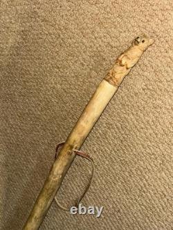 Antique Rustic Hazel Pyrenees Walking Hiking Stick Cane Hand-Carved Bear Top