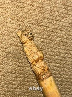 Antique Rustic Hazel Pyrenees Walking Hiking Stick Cane Hand-Carved Bear Top