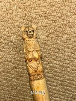 Antique Rustic Hazel Pyrenees Walking Hiking Stick Cane Hand-Carved Bear Top