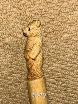 Antique Rustic Hazel Pyrenees Walking Hiking Stick Cane Hand-Carved Bear Top