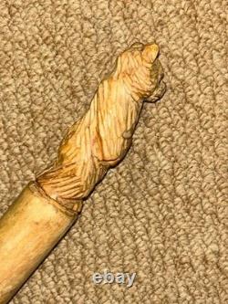 Antique Rustic Hazel Pyrenees Walking Hiking Stick Cane Hand-Carved Bear Top
