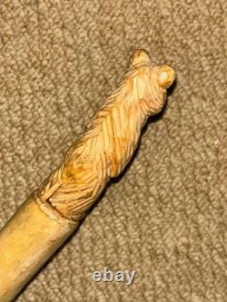 Antique Rustic Hazel Pyrenees Walking Hiking Stick Cane Hand-Carved Bear Top