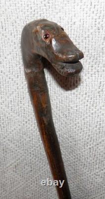 Antique Rustic Hazel Walking Stick Cane Grotesque Hand-Carved Animal Glass Eyes Antique Rustic Hazel Walking Stick Cane Grotesque Hand-Carved Animal Glass Eyes