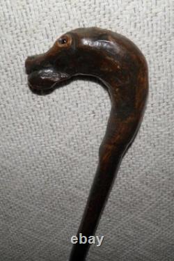 Antique Rustic Hazel Walking Stick Cane Grotesque Hand-Carved Animal Glass Eyes Antique Rustic Hazel Walking Stick Cane Grotesque Hand-Carved Animal Glass Eyes