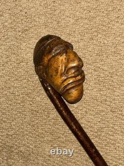 Antique Rustic Hazel Walking Stick Cane Large Grotesque Hand-Carved Man's Head Antique Rustic Hazel Walking Stick Cane Large Grotesque Hand-Carved Man's Head