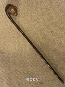 Antique Rustic Hazel Walking Stick Cane Large Grotesque Hand-Carved Man's Head