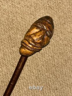 Antique Rustic Hazel Walking Stick Cane Large Grotesque Hand-Carved Man's Head