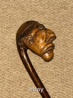Antique Rustic Hazel Walking Stick Cane Large Grotesque Hand-Carved Man's Head