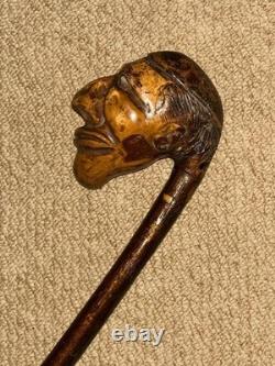 Antique Rustic Hazel Walking Stick Cane Large Grotesque Hand-Carved Man's Head