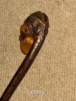 Antique Rustic Hazel Walking Stick Cane Large Grotesque Hand-Carved Man's Head