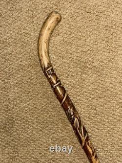 Antique Rustic Oak Walking Stick Cane Hand-Carved Oak Tree Branch & Acorns