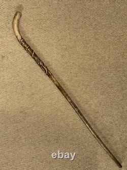 Antique Rustic Oak Walking Stick Cane Hand-Carved Oak Tree Branch & Acorns