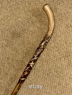 Antique Rustic Oak Walking Stick Cane Hand-Carved Oak Tree Branch & Acorns