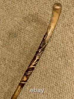 Antique Rustic Oak Walking Stick Cane Hand-Carved Oak Tree Branch & Acorns