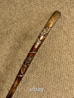 Antique Rustic Oak Walking Stick Cane Hand-Carved Oak Tree Branch & Acorns