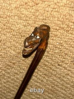Antique Rustic Petite Walking Stick Cane Grotesque Hand-Carved Man's Head