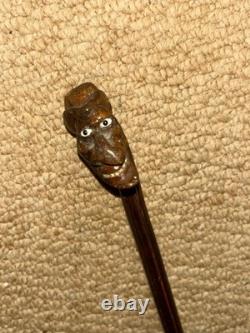 Antique Rustic Petite Walking Stick Cane Grotesque Hand-Carved Man's Head