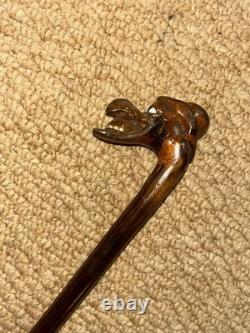 Antique Rustic Petite Walking Stick Cane Grotesque Hand-Carved Man's Head