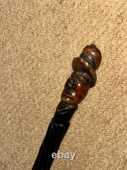 Antique Rustic Spiral Shaft Walking Stick / Cane Hand-Carved Man Head Top