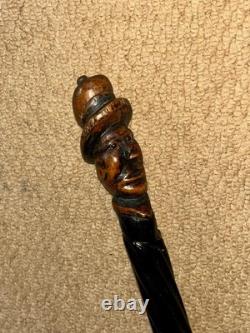 Antique Rustic Spiral Shaft Walking Stick / Cane Hand-Carved Man Head Top
