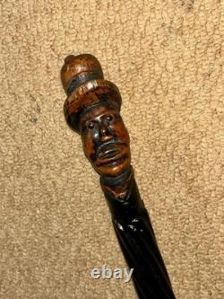 Antique Rustic Spiral Shaft Walking Stick / Cane Hand-Carved Man Head Top
