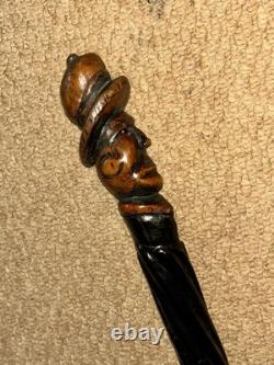 Antique Rustic Spiral Shaft Walking Stick / Cane Hand-Carved Man Head Top