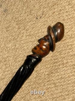 Antique Rustic Spiral Shaft Walking Stick / Cane Hand-Carved Man Head Top