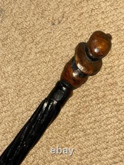 Antique Rustic Spiral Shaft Walking Stick / Cane Hand-Carved Man Head Top