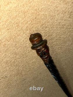 Antique Rustic Spiral Shaft Walking Stick / Cane Hand-Carved Man Head Top
